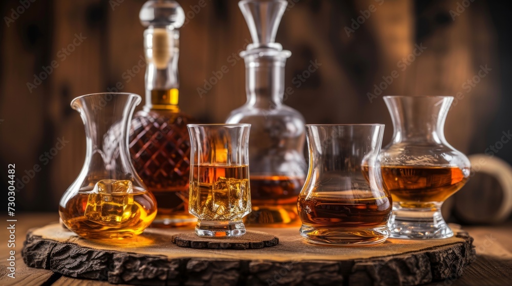 A sophisticated whiskey tasting setup with a variety of aged spirits and crystal glasses A sophisticated whiskey tasting setup with a variety of aged spirits and crystal glasses