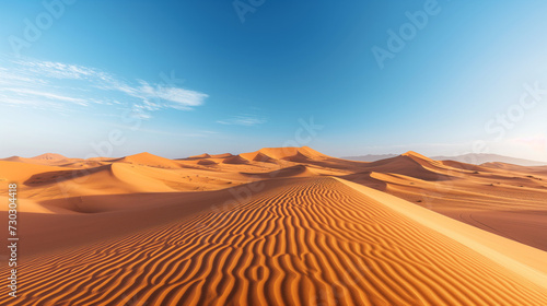Sand dunes under a clear blue sky, capturing the serene and vast beauty of the desert landscape, evoking a sense of tranquility and the timeless allure of nature's grandeur
