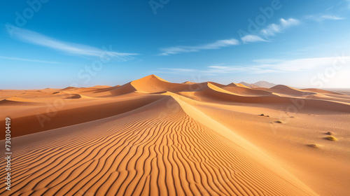 Sand dunes under a clear blue sky, capturing the serene and vast beauty of the desert landscape, evoking a sense of tranquility and the timeless allure of nature's grandeur
