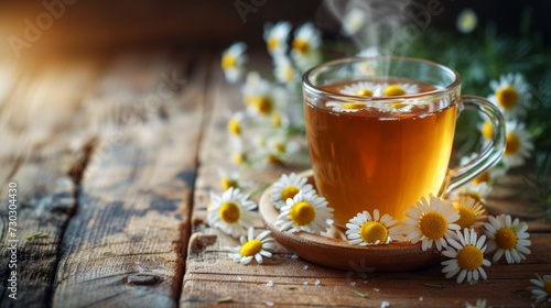 A steaming cup of aromatic chamomile tea with honey and a sprinkle of dried chamomile flowers