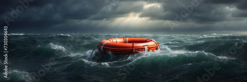 Orange life buoy float in vast expanse of blue sea. Lifebuoy drift on ocean wave