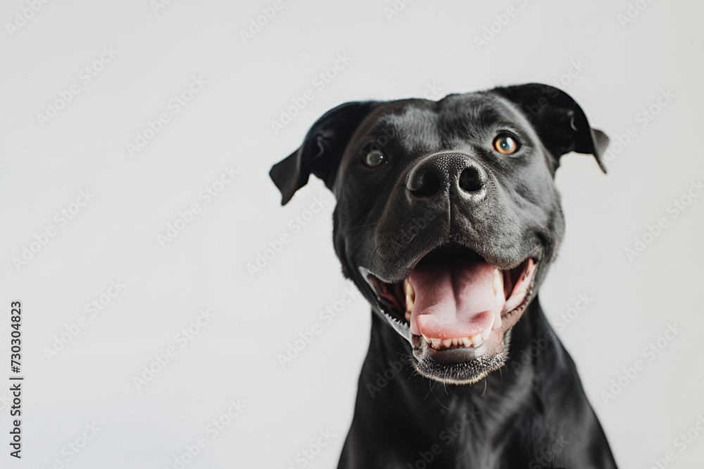 A beautiful dog with tongue out on a light background.
