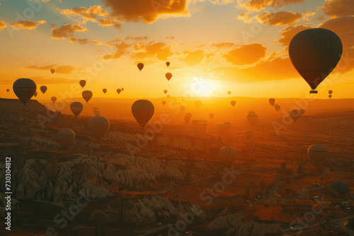 Concept Travel Hot air balloon on Goreme village, Cappadocia, Turkey with sunset.