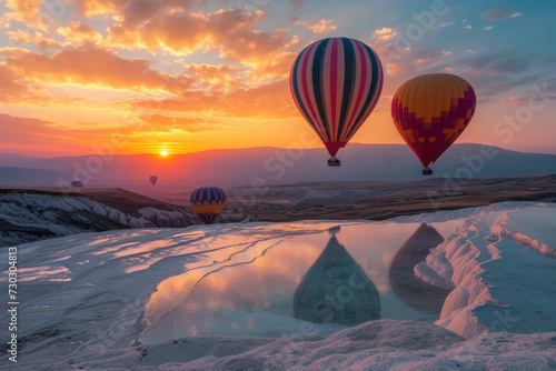 Concept Travel Pamukkale Turkey. Hot air balloon flying pool with sunset.