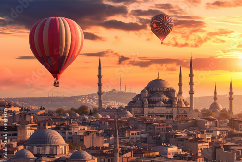 Concept Travel Hot air balloon on istanbul city turkey with sunset. photo