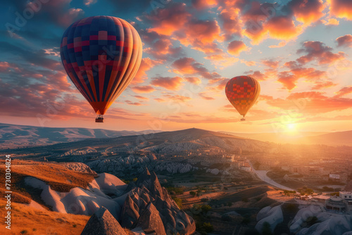 Concept Travel Hot air balloon on Goreme village, Cappadocia, Turkey with sunset. © Sarinrata