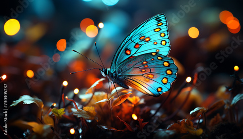 A vibrant butterfly flying in nature, illuminated by summer beauty generated by AI
