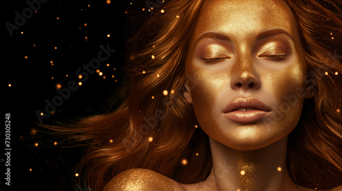 Portrait of a woman with Golden Makeup. Elegant and Luxurious