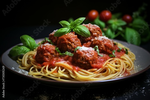 Hearty Tomato sauce meatballs. Fresh italian lunch. Generate Ai