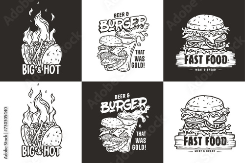 Burger set with a glass of beer for logo of fast food vector illustration. American food or hamburger collection for restaurant or cafe