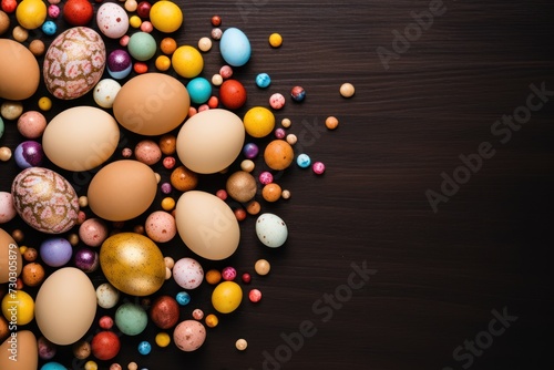 Brown background with colorful easter eggs round frame texture 