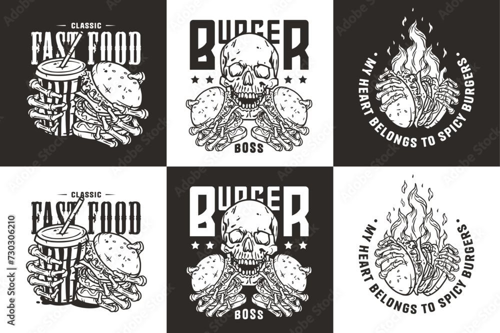 Monochrome burger vector set with burning skeleton with burgers in hands. Skull, fire and bones for logo, emblem, print of American food. Hamburger collection for restaurant or cafe