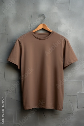 Brown t shirt is seen against a gray wall