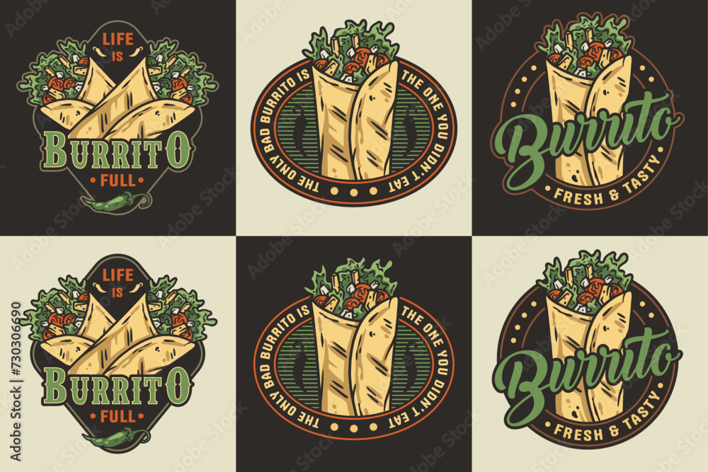 Burrito set mexican food vector with meat and vegetable for logo or emblem. Traditional burritos latin fast food collection
