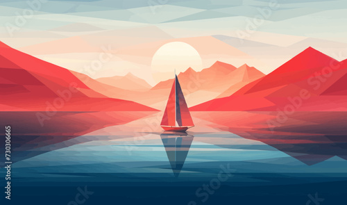 Boat water mountains sunrise contemporary art geometric illustration vector