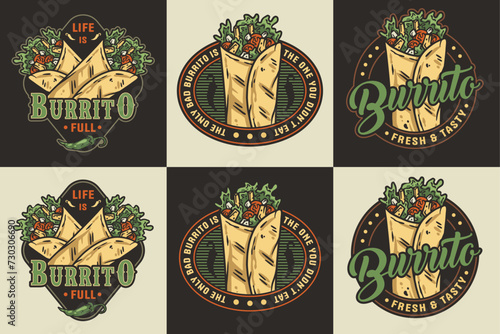 Burrito set mexican food vector with meat and vegetable for logo or emblem. Traditional burritos latin fast food collection