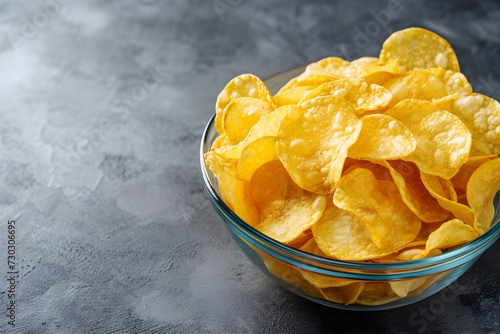 potato chips in a bowl on the table. minimalistic. copy space. glass bowl with cheeps, plain background. food ad, magazine.