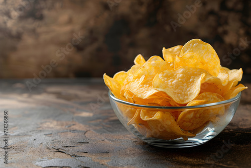 potato chips in a bowl on the table. minimalistic. copy space. glass bowl with cheeps, plain background. food ad, magazine. photo