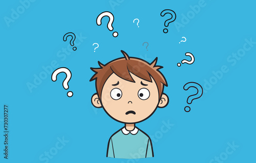 young little confused stressed boy thinking cartoon character flat vector question mark above his head blue background sad face expression study math problem solving, struggle decision making kid idea