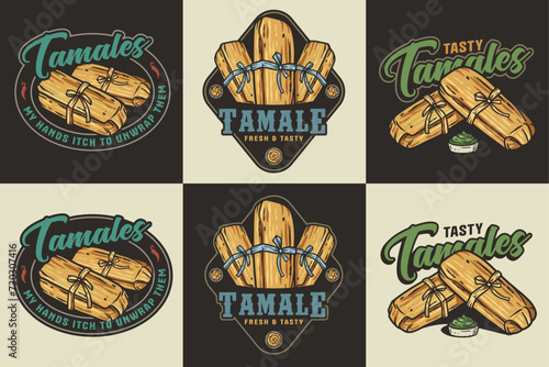 Mexico tamale set vector with corn leaves for logo or emblem. Latin traditional tamales collection for restaurant or cafe of Mexico fast food