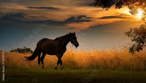 A horse in nature beautiful scenary, sunset, evening time, dark  © dmnkandsk