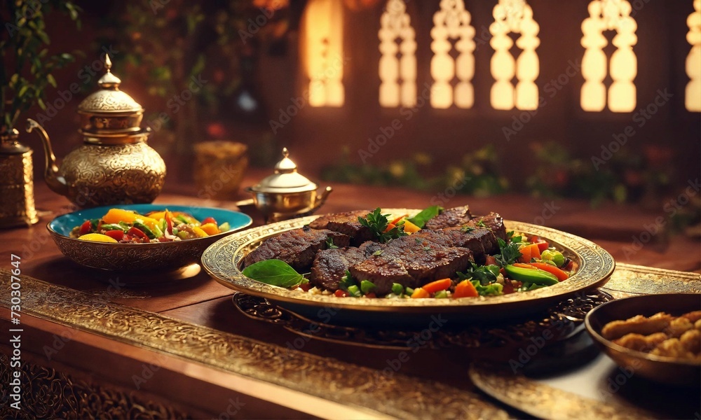 illustration of a ramadan meal, plate of meat