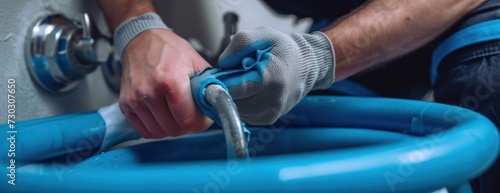 plumber man fix repair service wraps fluoroplastic sealing material tape around faucet hose  photo