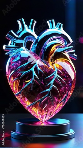 Vibrant Neon-Lit Glass Heart Sculpture Against Dark Background in Studio Setting