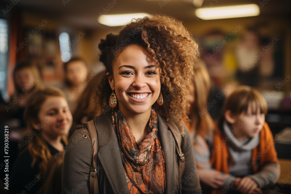 Portrait of smiling female teacher with primary students in the background Portrait of smiling female teacher with primary students in the background