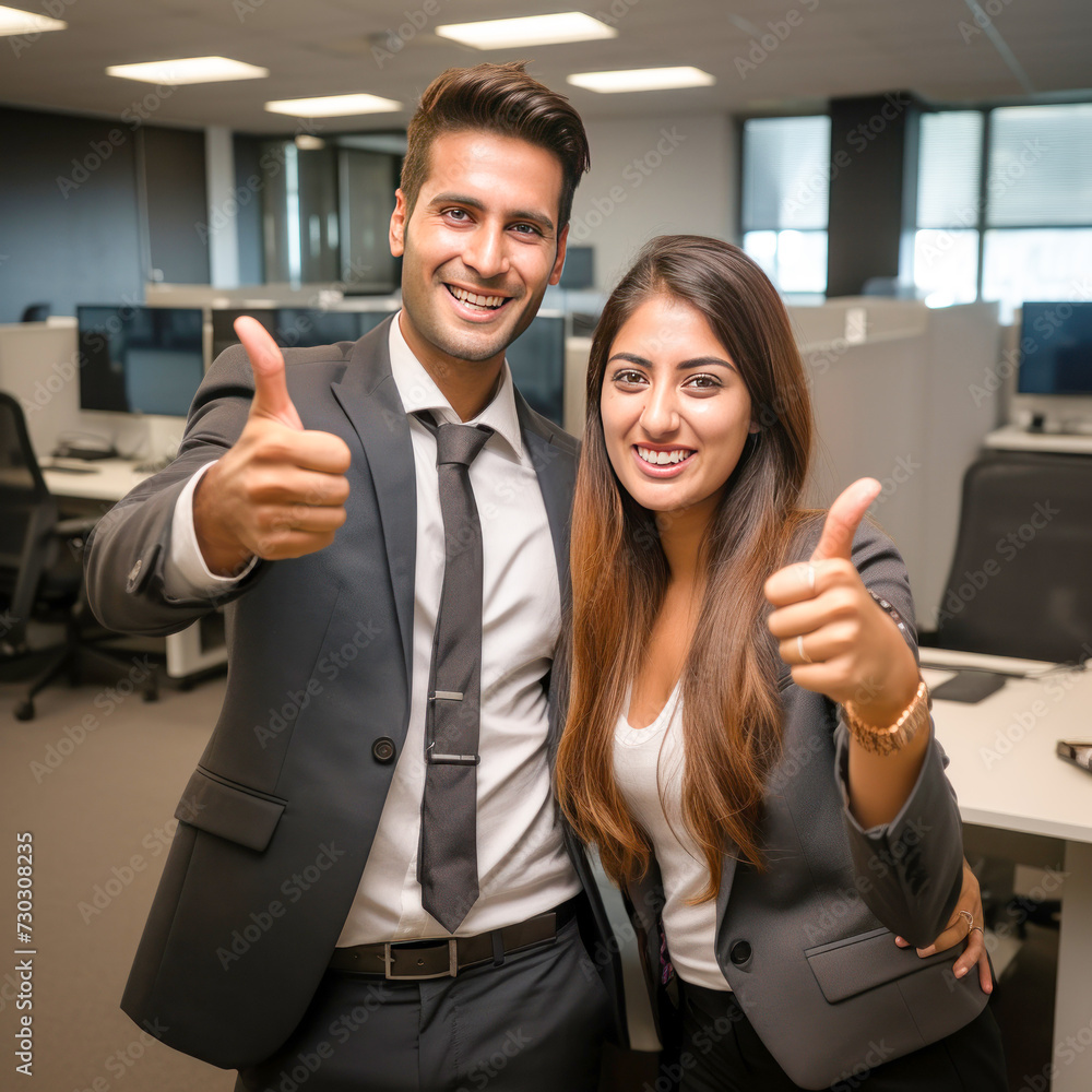 young businessman showing thumps up with female assistant young businessman showing thumps up with female assistant