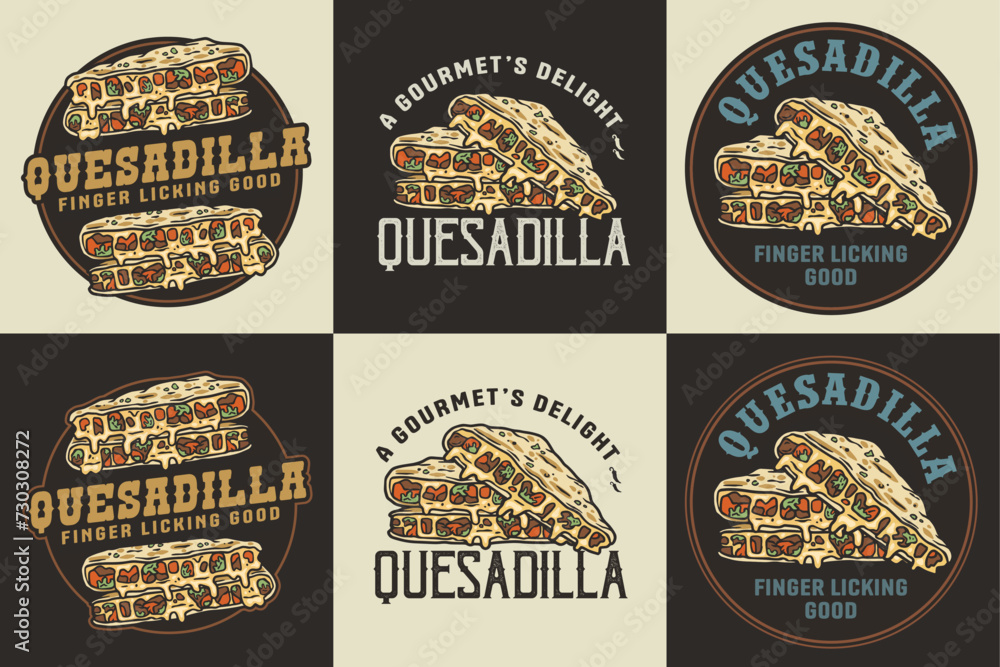 Obraz premium Mexican quesadilla set vector with cheese and vegetable for logo or emblem. Latin traditional mexican fast food. Quesadillas Mexico food with tortilla and meat for poster or print
