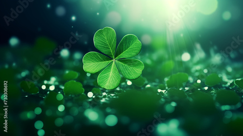 Green clover symbol of good luck, St. Patrick's day, festive illustration. Banner with green clover and water drops on petals, space for copy, text and advertisement, beautiful illustration with