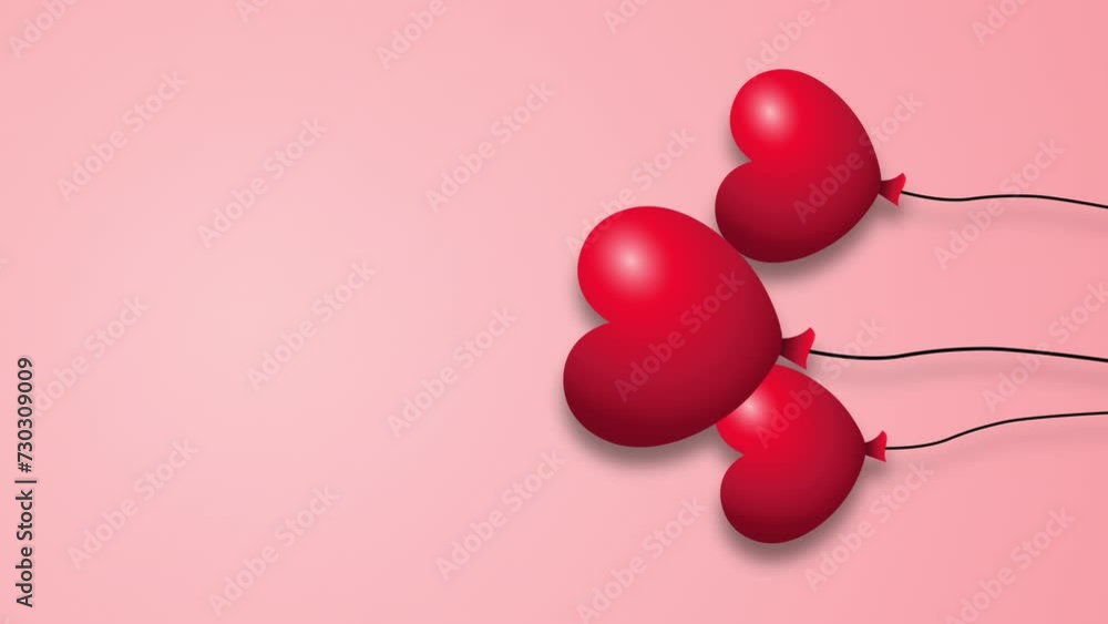 Animated Red heart shaped 3D balloons hanging in air on pink color ...