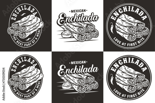Monochrome mexican enchilada set vector with meat and rolled tortilla for logo or emblem. Latin traditional enchiladas collection for restaurant or cafe of Mexico fast food