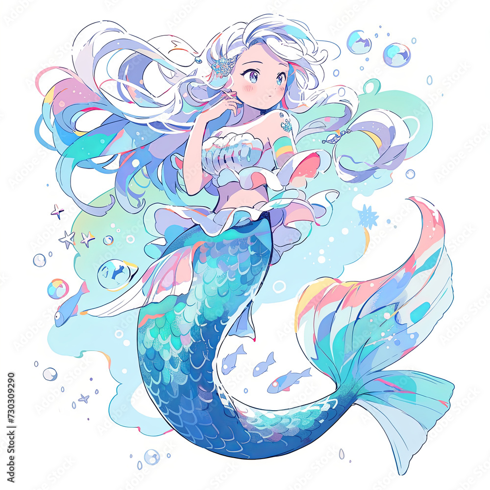Fototapeta premium the mermaid princess on the sea anime art cartoon loli mermaid sky, AI Generetive
