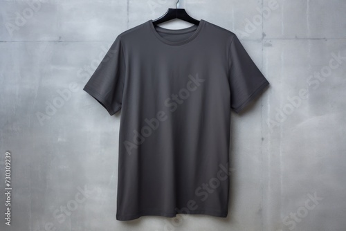 Charcoal t shirt is seen against a gray wall