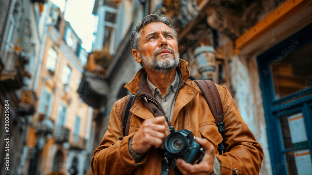 Mature Photographer Exploring City Streets. Generative AI