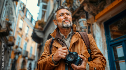 Mature Photographer Exploring City Streets. Generative AI © Mihai Zaharia