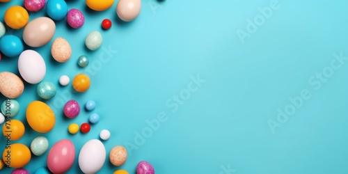 Cyan background with colorful easter eggs round frame texture