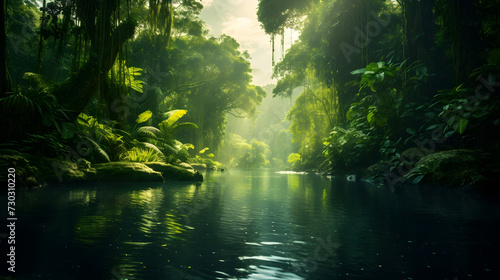 morning in the woods,, Serene River Flowing Through a Verdant Forest with Towering Trees