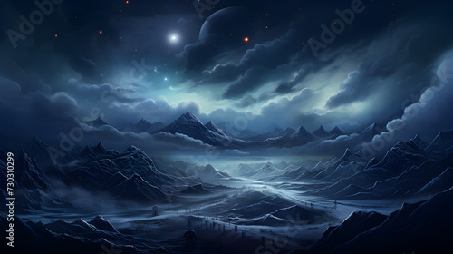lightning in the night sky,, Fantasy landscape with stormy sea 3D render illustration 