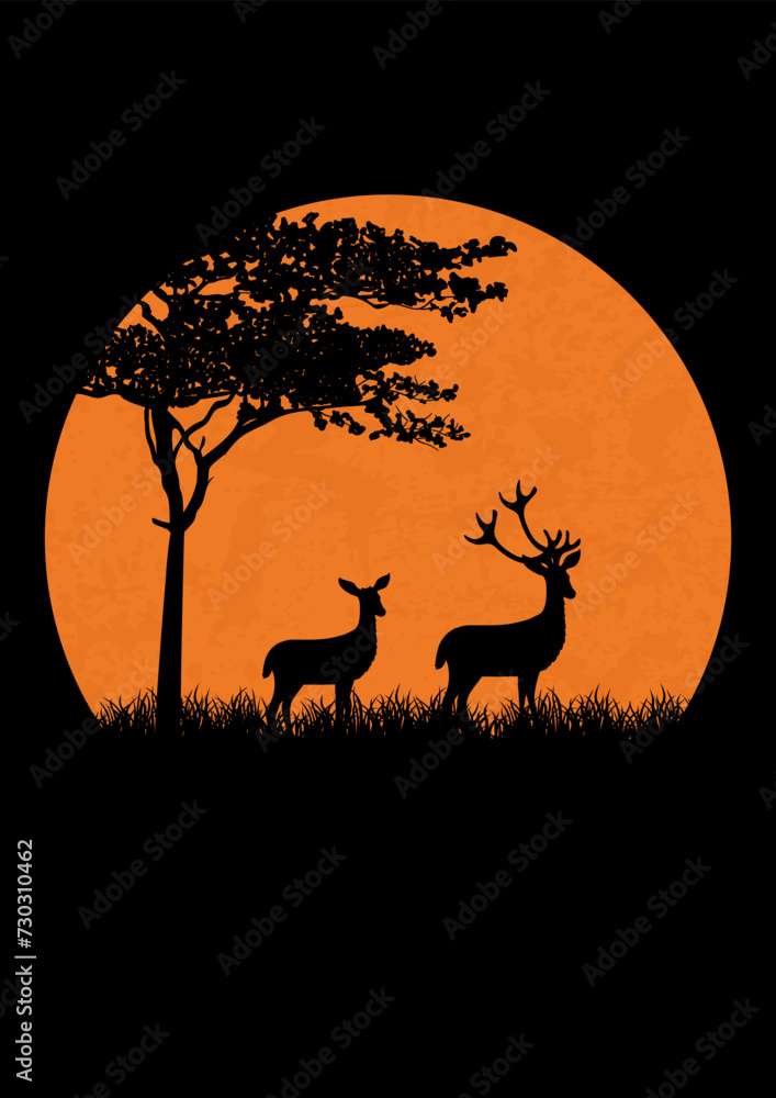 Silhouette of deer standing in spring night meadow. Magical misty landscape, red moon illustration.