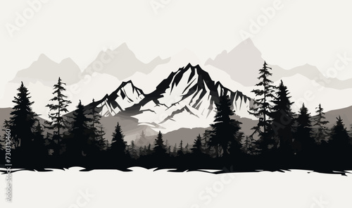 Black and white mountain range wall art, symbolic landscapes trees stencil art outdoor scenes vector illustration photo