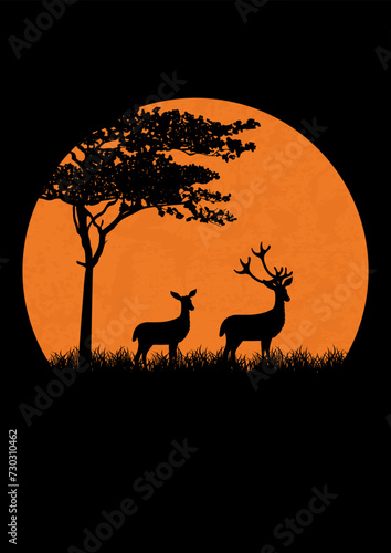 Silhouette of deer standing in spring night meadow. Magical misty landscape, red moon illustration. © Natalya Nepran