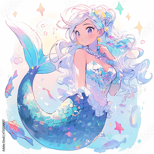 the mermaid princess on the sea anime art cartoon loli mermaid sky, AI Generetive