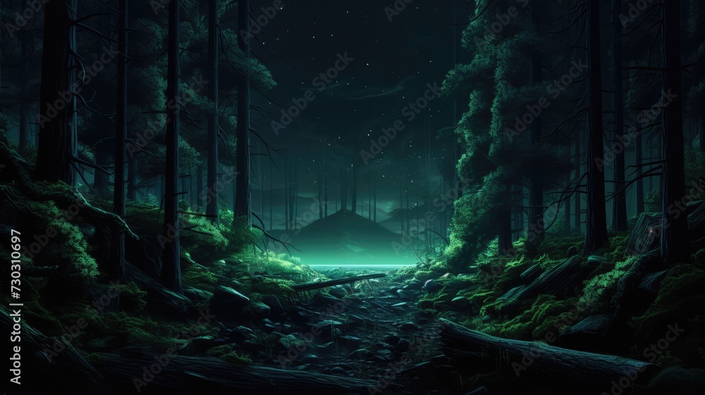 Mystical forest landscape with glowing tent under starry night sky. Adventure and exploration.