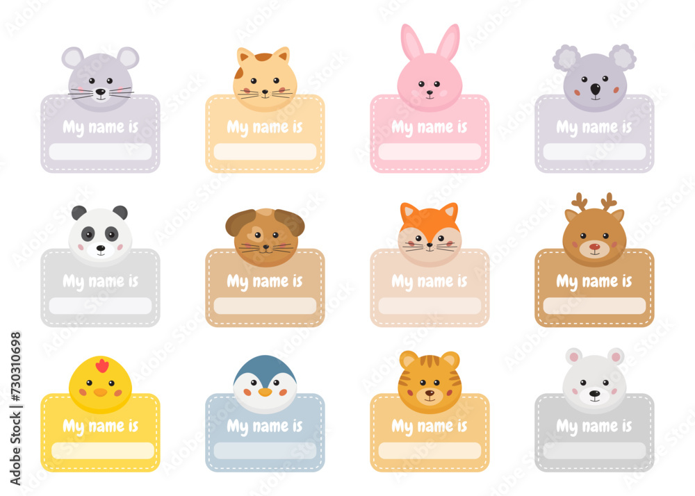 Name tags, school labels, name cards, stickers for kids, toddlers, baby. Kids clothes stickers, lunchbox tag with cute animals. Animals shaped classroom labels, memo pad, markers for school stationery