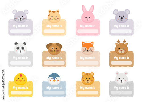 Name tags, school labels, name cards, stickers for kids, toddlers, baby. Kids clothes stickers, lunchbox tag with cute animals. Animals shaped classroom labels, memo pad, markers for school stationery