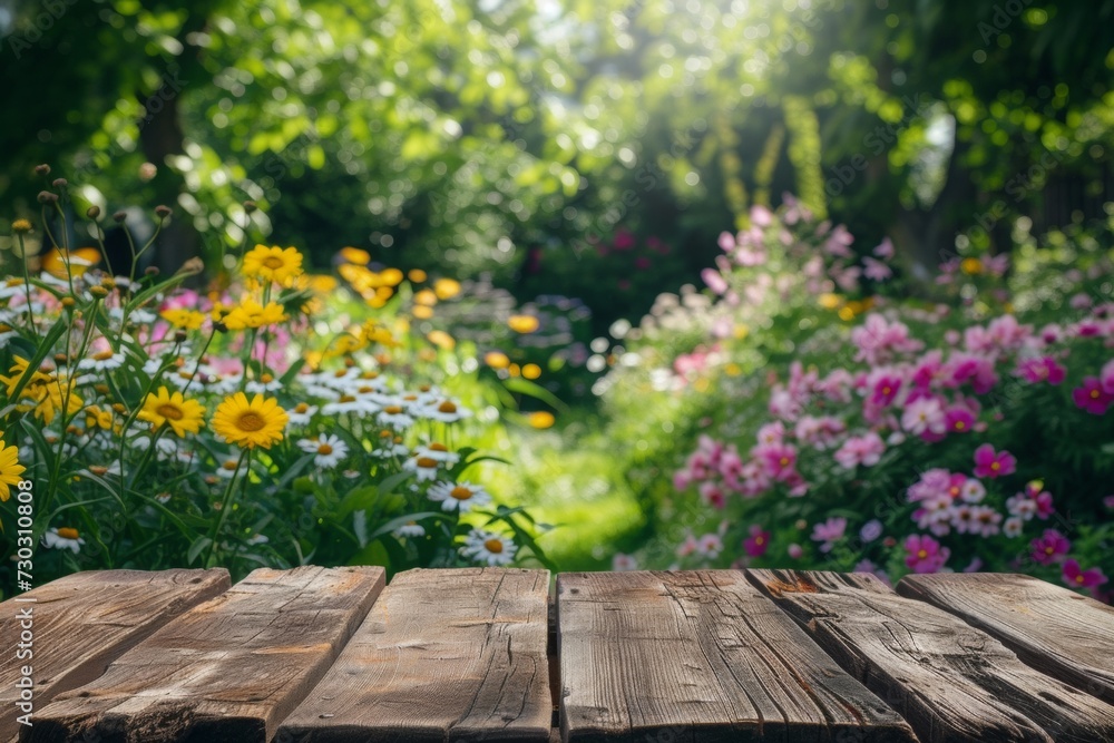Fototapeta premium Rustic Wooden Table with Sunny Flower Garden in the Background. Useful for Mock up.