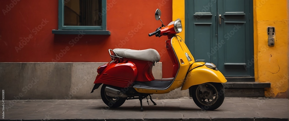 Photo realistic capture of Vintage Red Scooter with Solid Yellow Colored Wall Background posing a sense of passion and hobby
